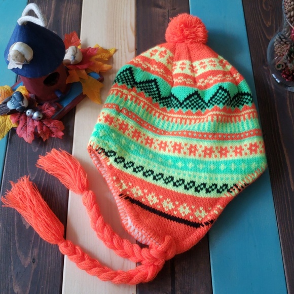 Other - Winter Knitted Neon Multicolor Hat with Braided Ear Flaps